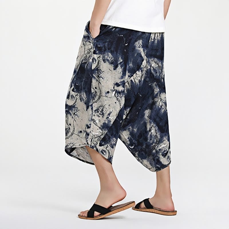 Ethnic Pattern Drawstring 7-8 Length Cotton Men's Harem Pants With Pockets