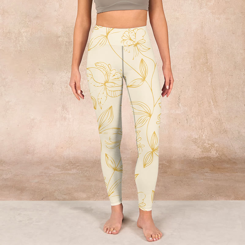 Beige Flower Vine Print Gym Leggings Women's Yoga Pants