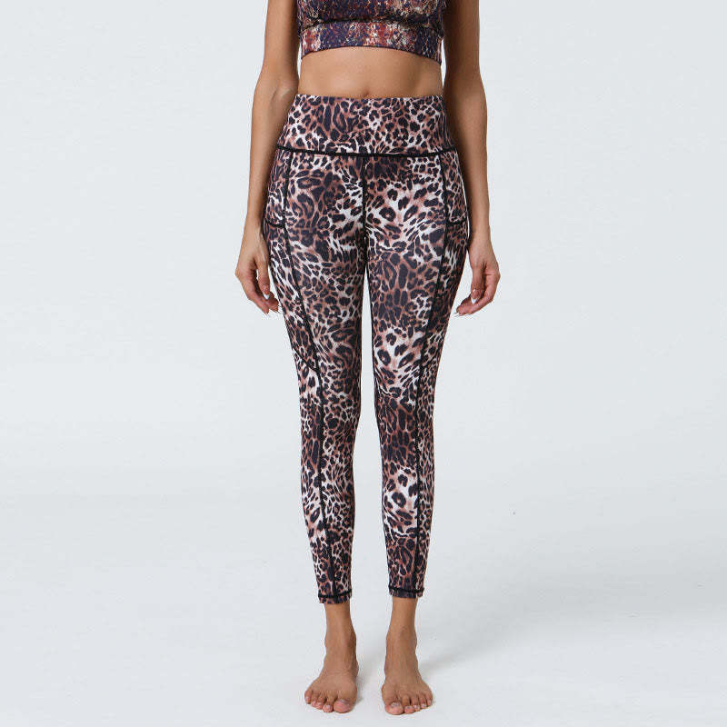 Rose Lines Tiger Leopard Print Sports Fitness High Waist Leggings Women's Yoga Pants With Pockets