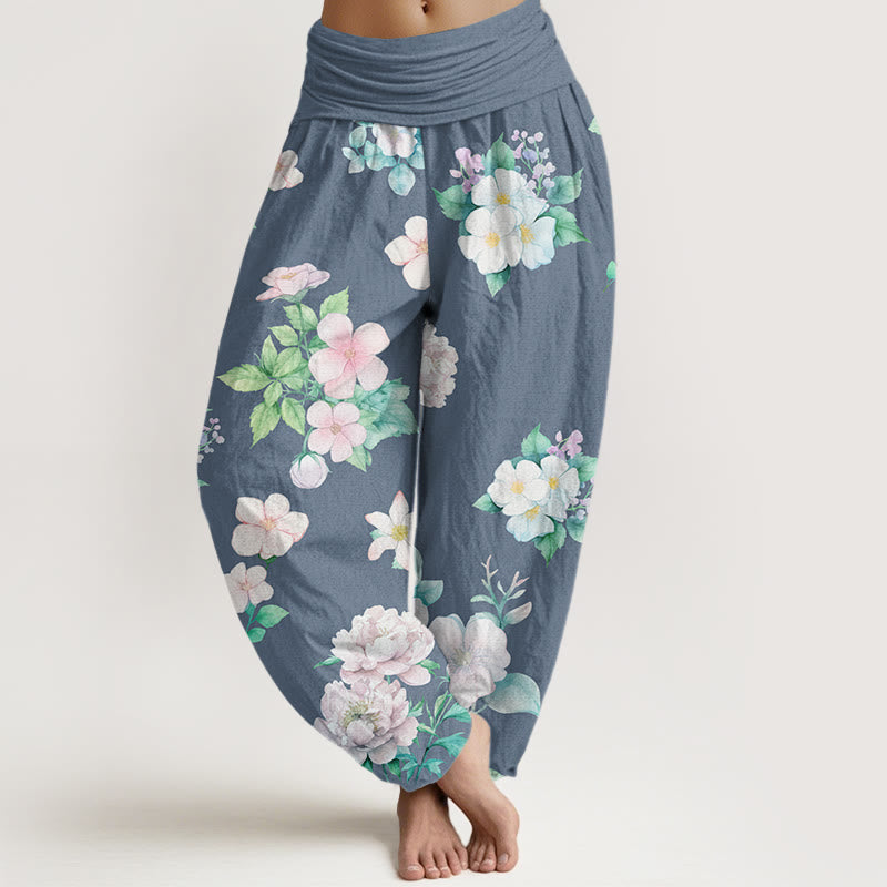 Peony White Flowers Pattern Design Women's Elastic Waist Harem Pants