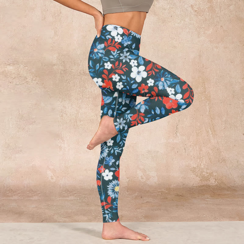 Red White Flower Dandelion Print Gym Fitness Leggings Women's Yoga Pants