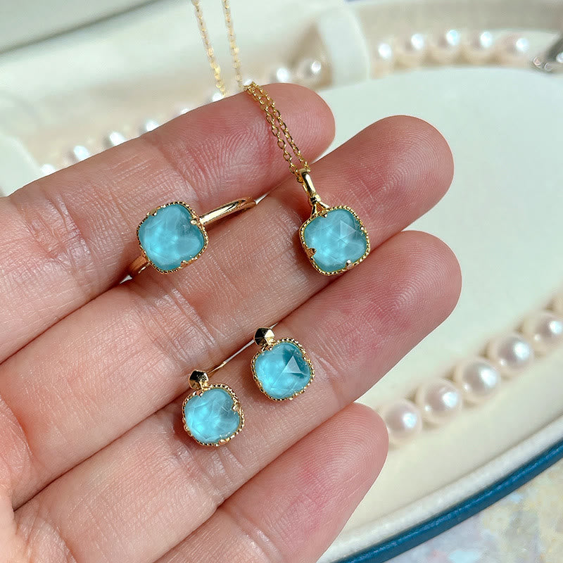 925 Sterling Silver Plated Gold Turquoise Protection Ring Earrings Necklace Pendant Set