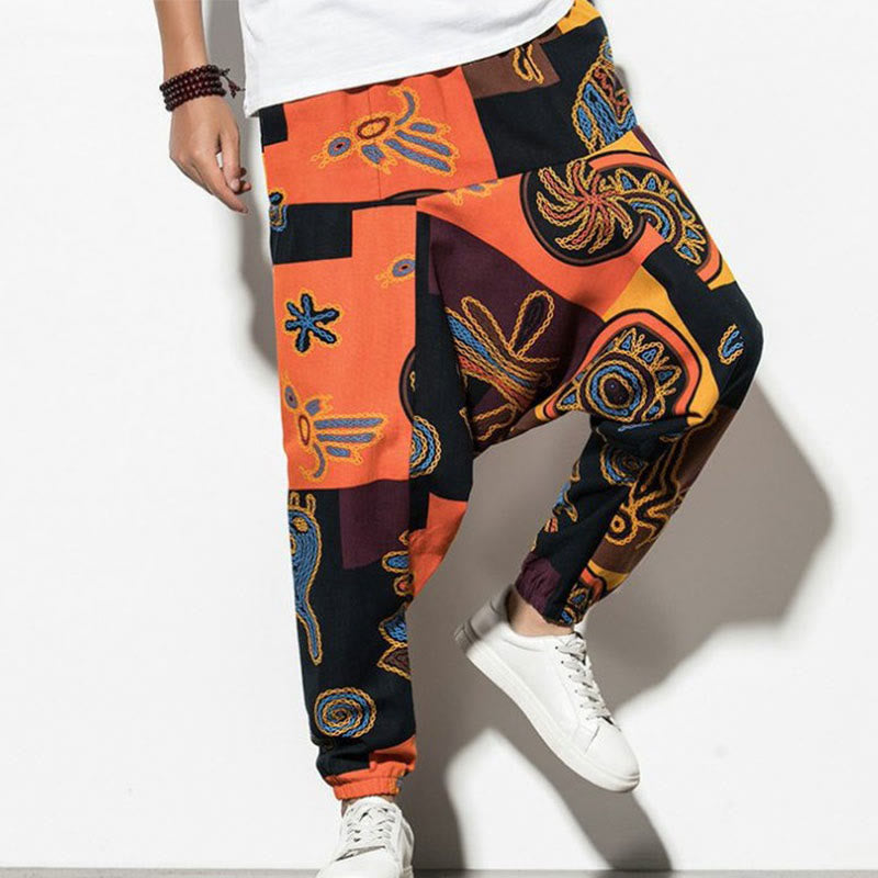 Red Brown Graffiti Bird Print Cotton Men's Harem Pants With Pockets