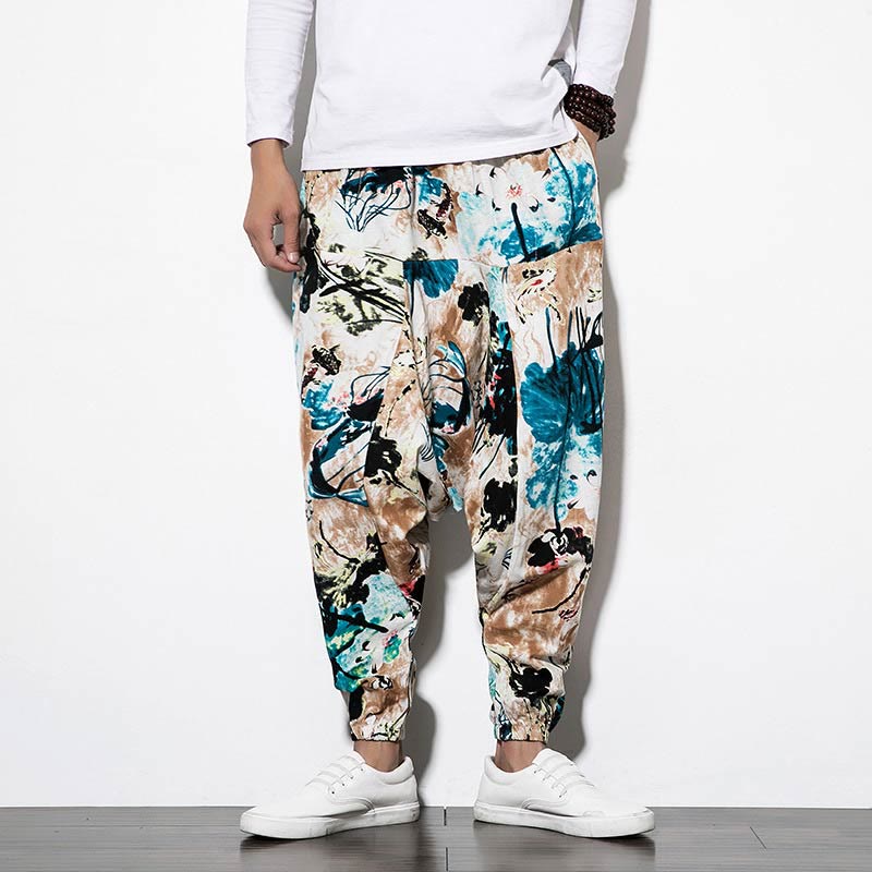 Flowers Leaves Brown Blue Painting Print Cotton Men's Long Cropped Harem Pants With Pockets