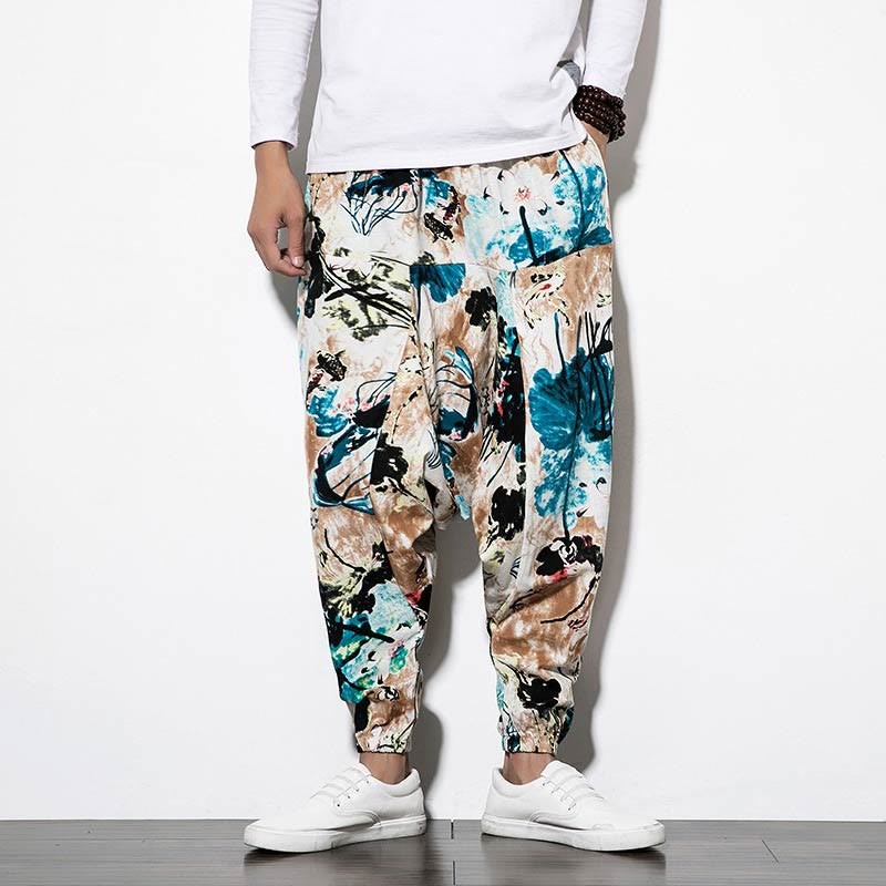 Flowers Leaves Brown Blue Painting Print Cotton Men's Long Cropped Harem Pants With Pockets