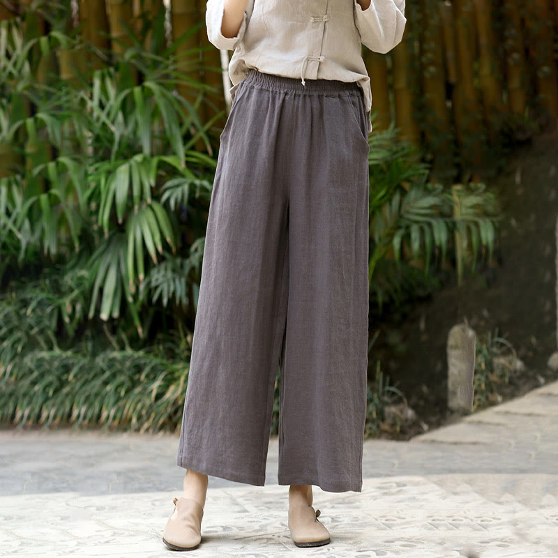 Casual Plain Solid Color Elastic Linen Women's Pants With Pockets