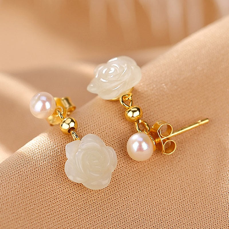 925 Sterling Silver Plated Gold Jade Rose Flower Cyan Jade Pearl Luck Earrings