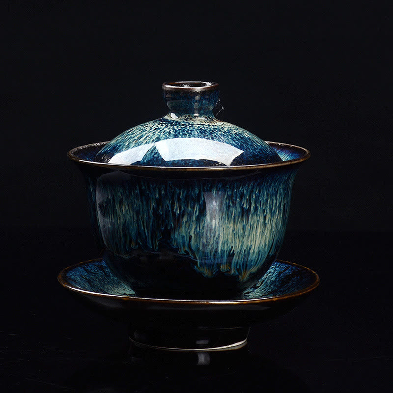 Vintage Kiln Change Design Ceramic Gaiwan Sancai Teacup Kung Fu Tea Cup And Saucer With Lid