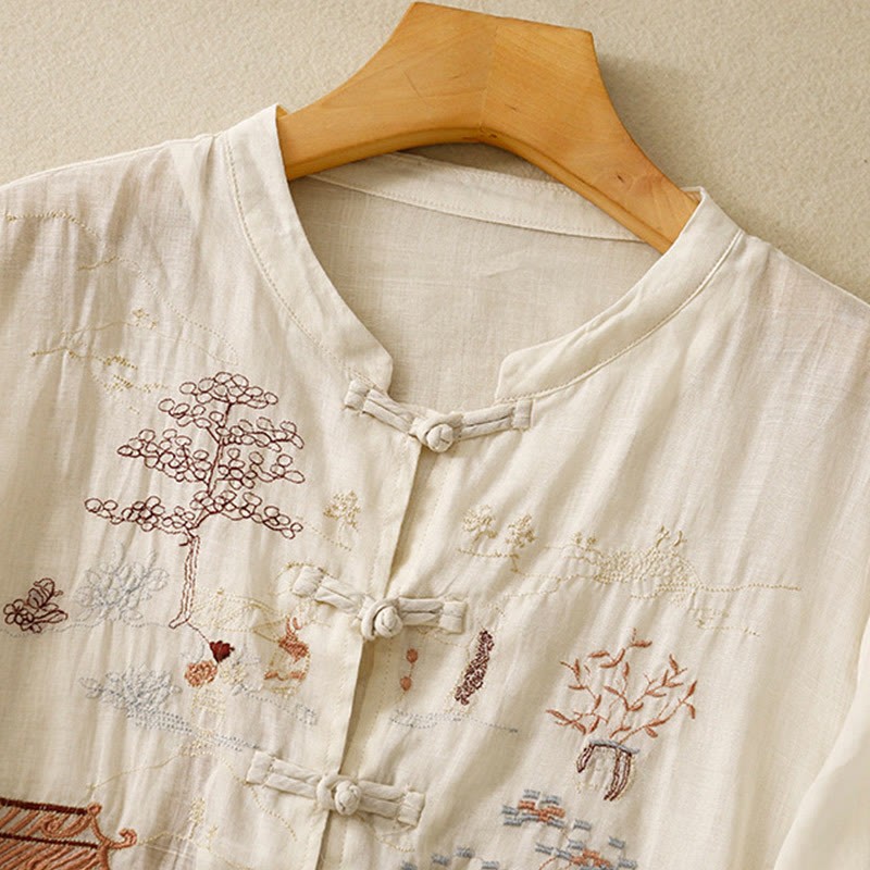 Casual Women's Frog-Button Embroidered Plant Crew Neck Design Three Quarter Sleeve Cotton Shirt
