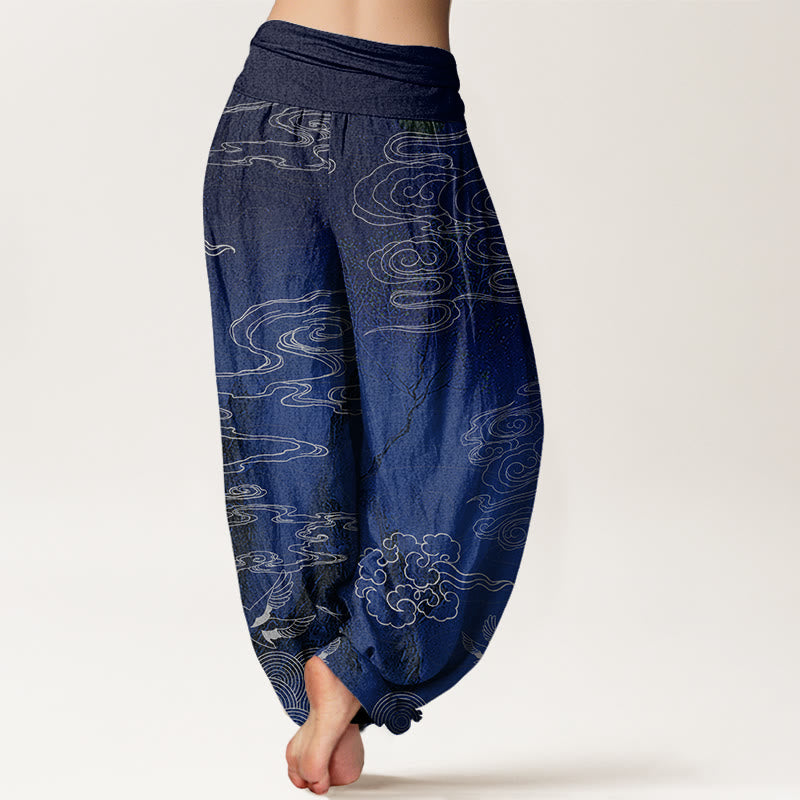 White Auspicious Clouds Birds Tree Pattern Women's Elastic Waist Harem Pants