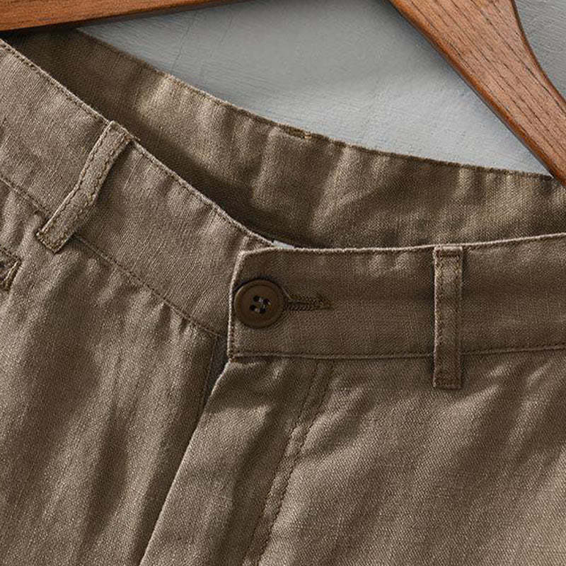 Solid Color Drawstring Cropped Linen Men's Shorts With Pockets