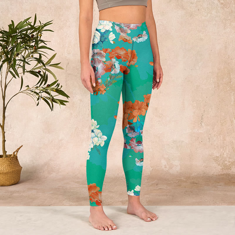 Green Orange Beige Floral Print Gym Leggings Women's Yoga Pants