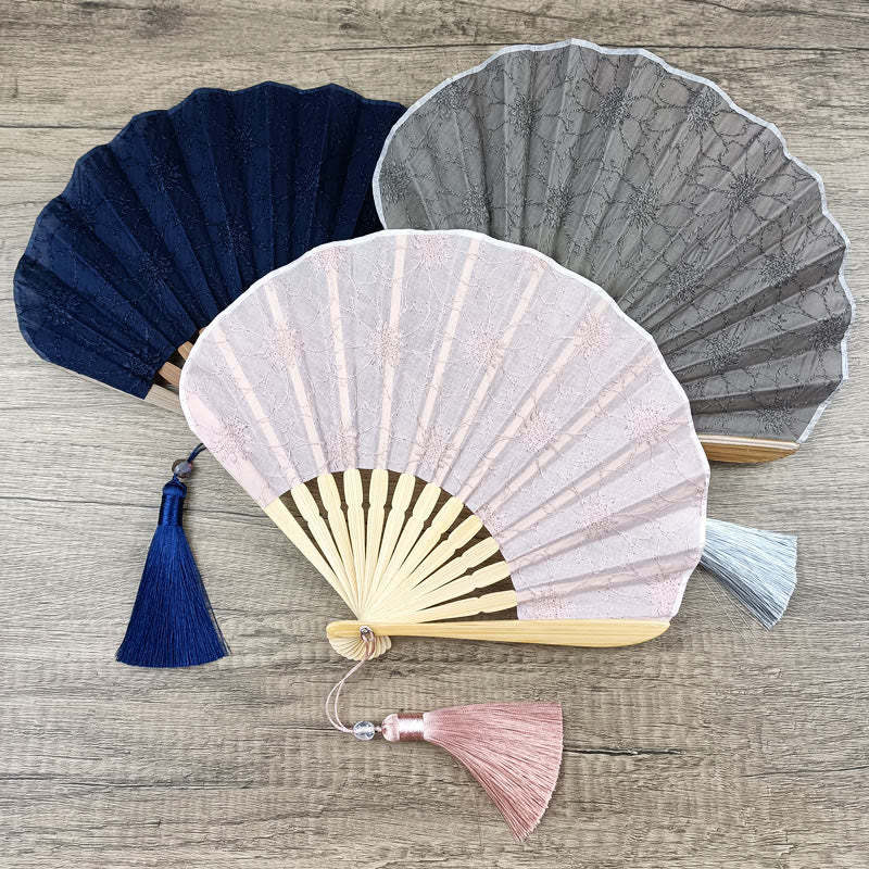 Retro Large Flower Embroidery Shell Shape Tassels Handheld Bamboo Folding Fan