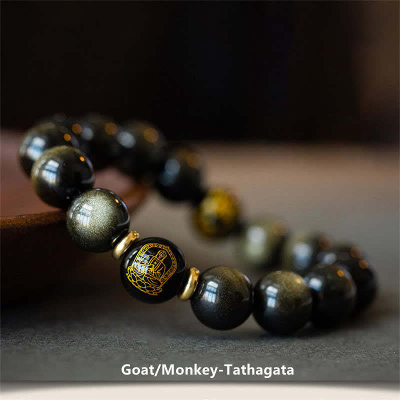 Chinese Zodiac Natal mystic zen Gold Sheen Obsidian Wealth Protection Bracelet
