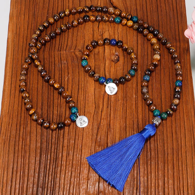 108 Mala Beads Tiger Eye mystic zen Strength Bracelet Tassel Necklace Pendant