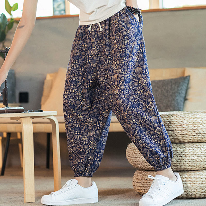 Golden Mandala Pattern Cotton Linen Drawstring Men's Harem Pants With Pockets