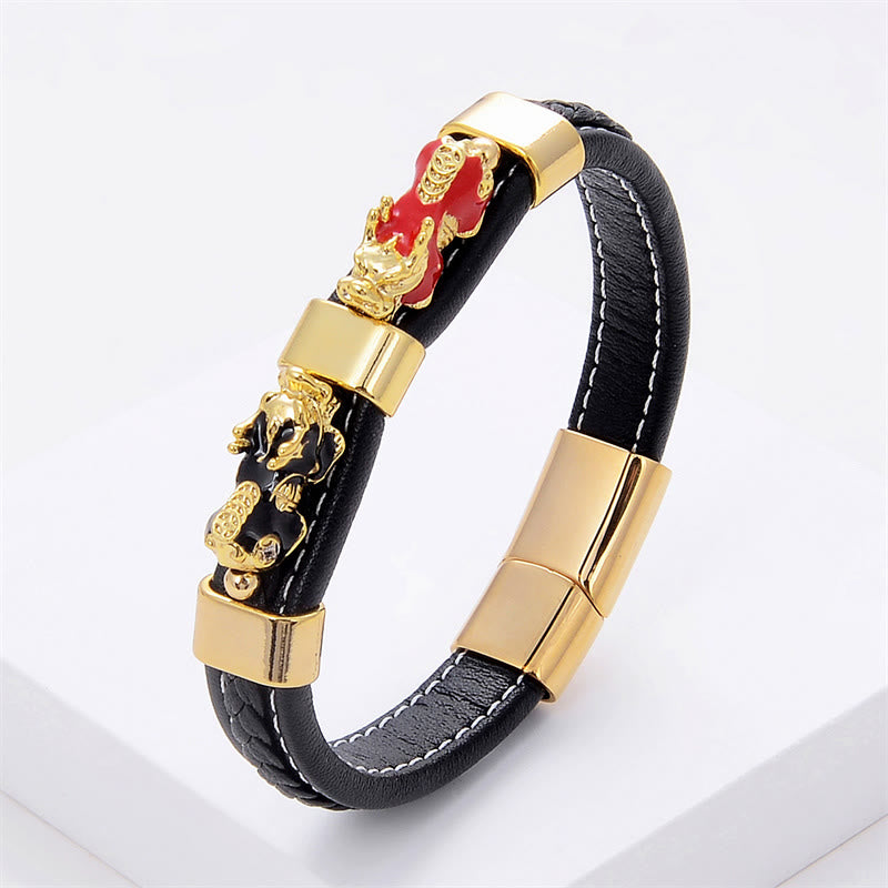 Double PiXiu Wealth Luck Leather Magnetic Buckle Bracelet