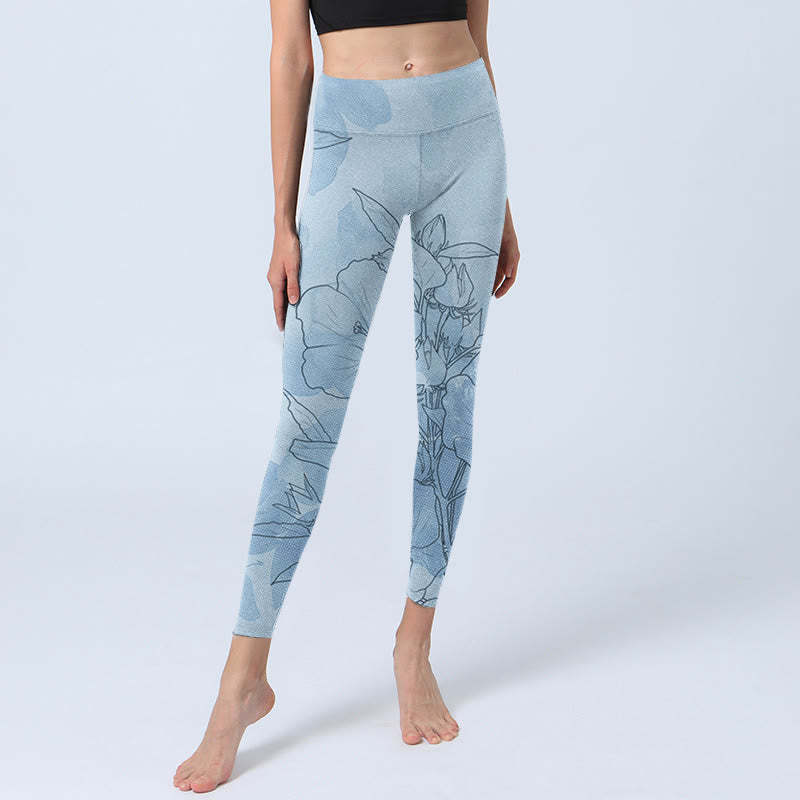 Blue Flower Sketch Print Sports Leggings Women's Yoga Pants