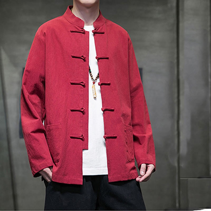 Solid Color Frog-button Tang Suit Cotton Linen Men's Jacket Shirt With Pockets