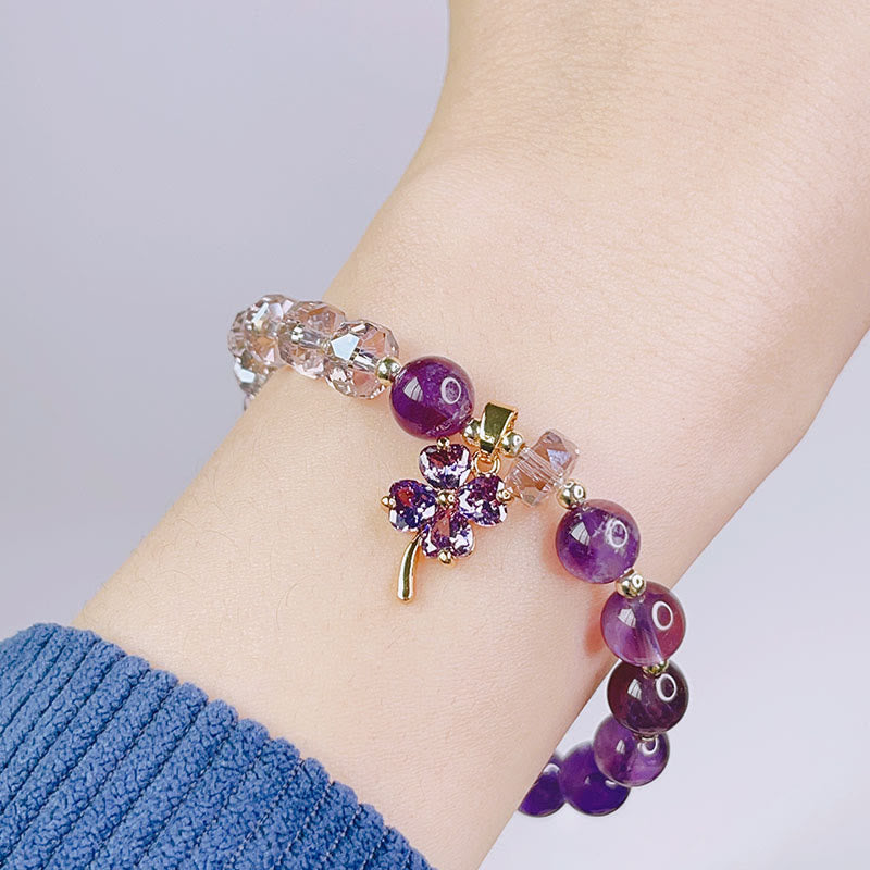 Amethyst Crystal Four Leaf Clover Healing Charm Bracelet