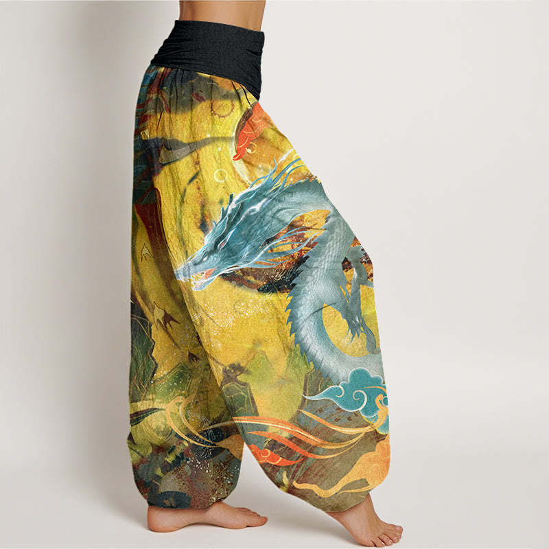 Dragon Auspicious Clouds Pattern Women's Elastic Waist Harem Pants