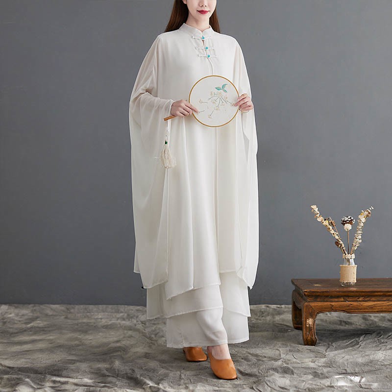 2Pcs Frog-Button Long Sleeve Midi Dress Wide Leg Pants Chiffon Zen Women's Set