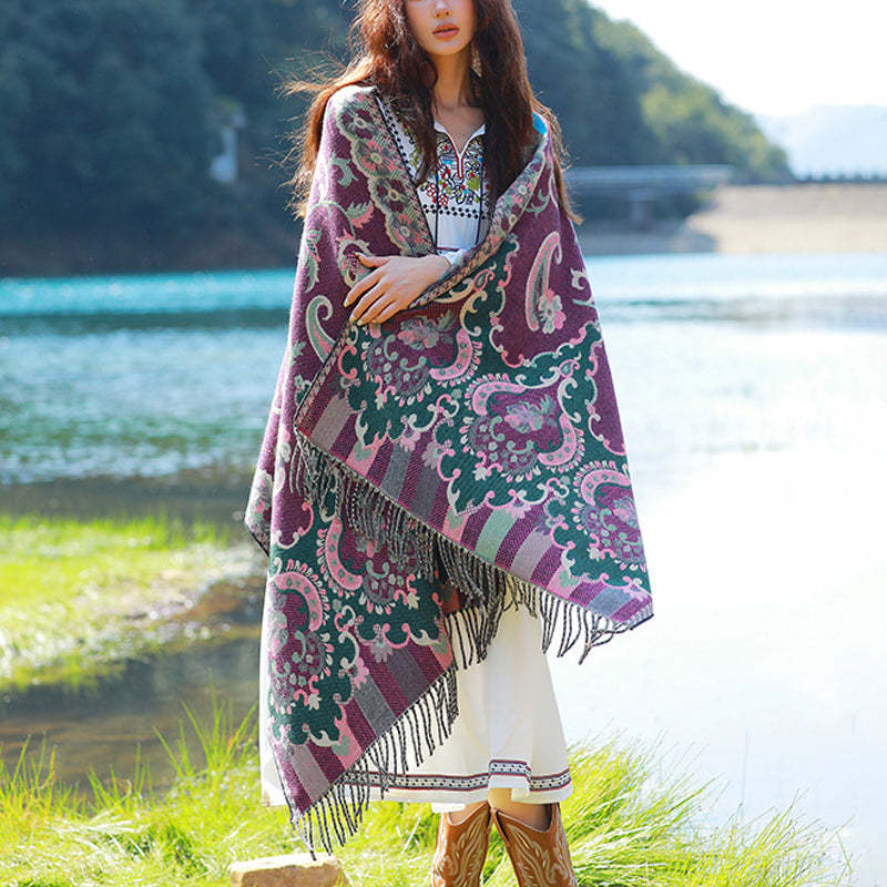 Tibetan Flowers Leaves Branch Design Tassel Shawl Cozy Travel Scarf Wrap