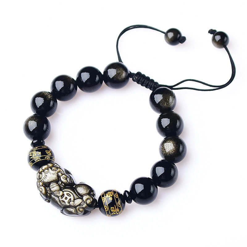 Natural Gold Sheen Obsidian PiXiu Om Mani Padme Hum Wealth Braided Bracelet
