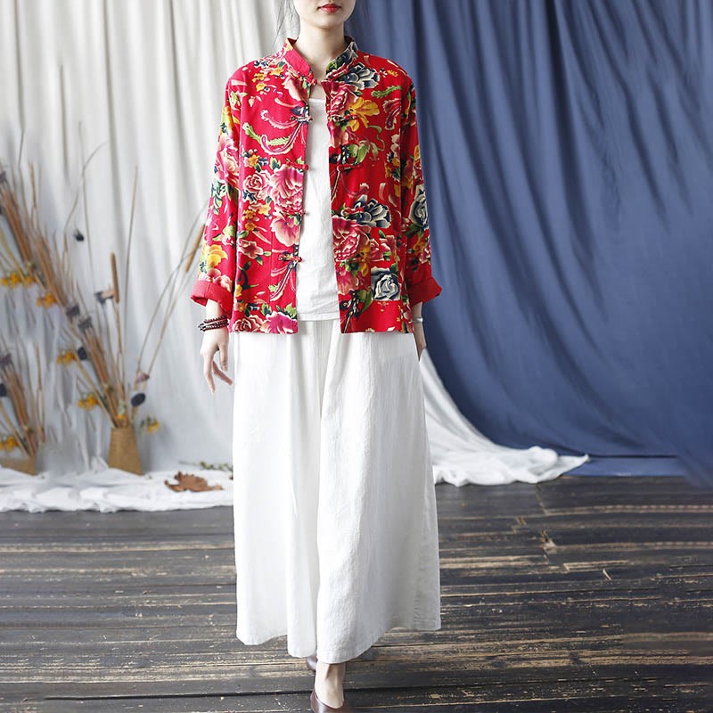 Ethnic Red Flower Peony Frog-Button Cotton Linen Long Sleeve Shirt Jacket With Pockets