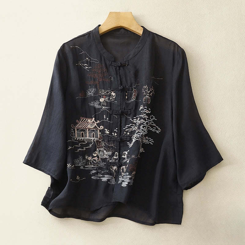 Casual Women's Frog-Button Embroidered Plant Crew Neck Design Three Quarter Sleeve Cotton Shirt