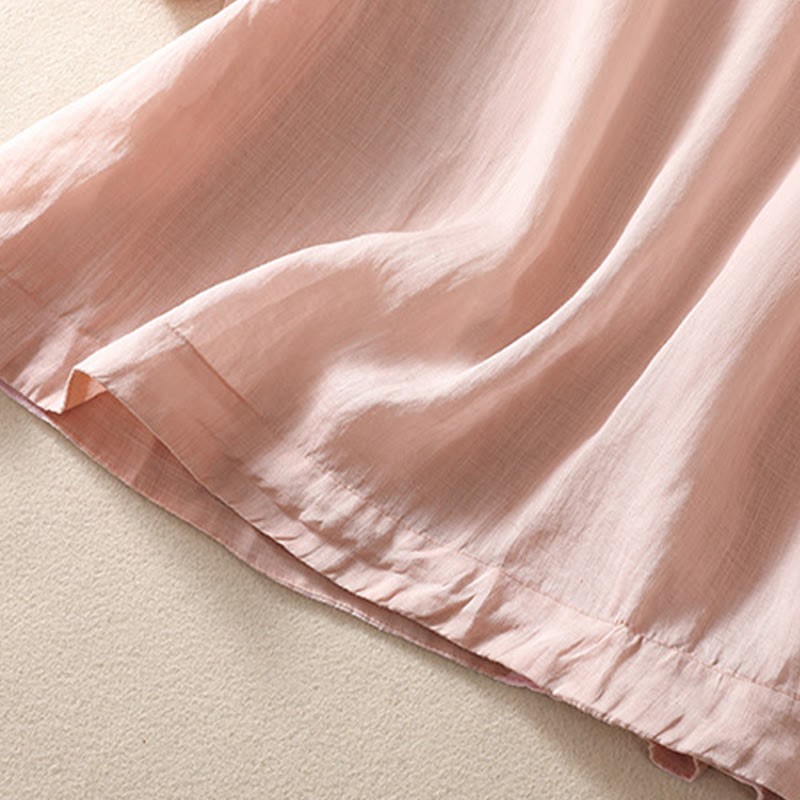 Casual Plain Button Floral Embroidered Design Puff Half Sleeve Cotton Linen Women's Shirt