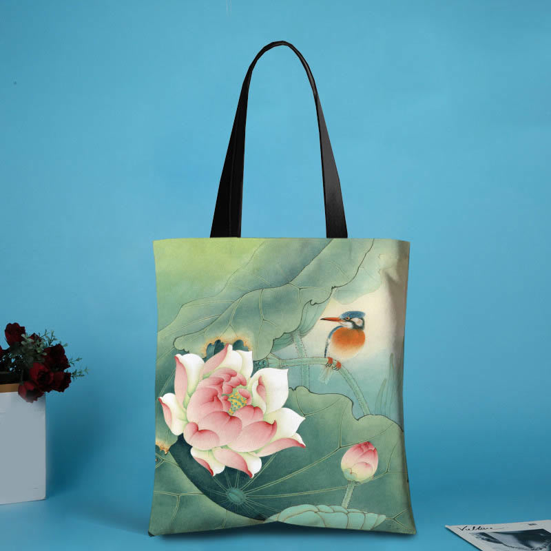Handmade Canvas Ink Lotus Koi Fish Shoulder Bag Shopping Bag