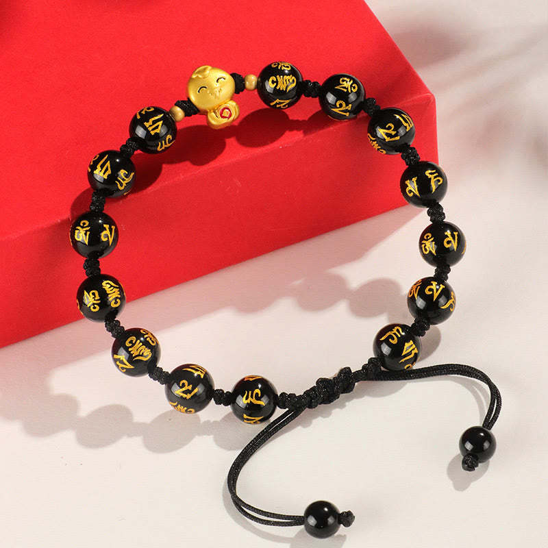 Red Agate Black Onyx Bead Copper Year Of The Snake Fu Character Om Mani Padme Hum Happiness Bracelet