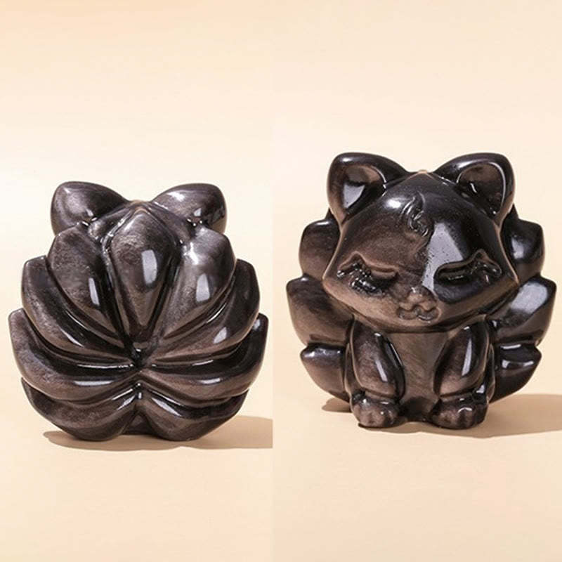 Natural Silver Sheen Obsidian Nine-Tailed Fox Protection Home Decoration