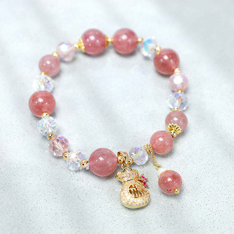 Love Healing Natural Strawberry Quartz Crystal Money Bag Charm Positive Bracelet
