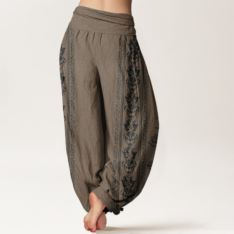 Lotus Flowers Double Dorje Vajra Namaste Om Design Women's Elastic Waist Harem Pants