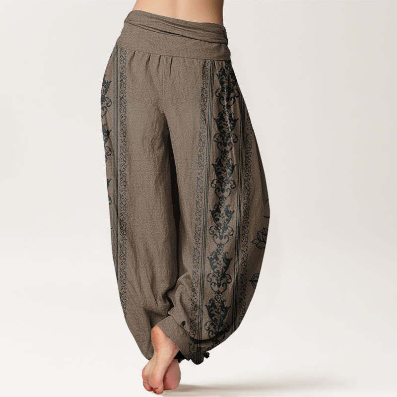 Lotus Flowers Double Dorje Vajra Namaste Om Design Women's Elastic Waist Harem Pants