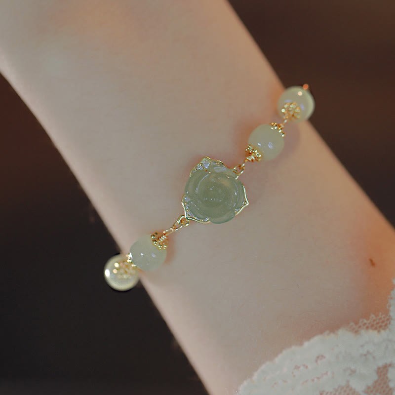 14K Gold Plated Hetian Jade Rose Flower Luck Chain Bracelet