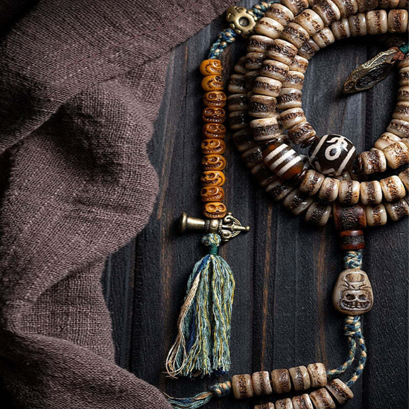 Tibetan 108 Mala Beads Yak Bone Dzi Bead The Lord of the Corpse Forest Strength Bracelet