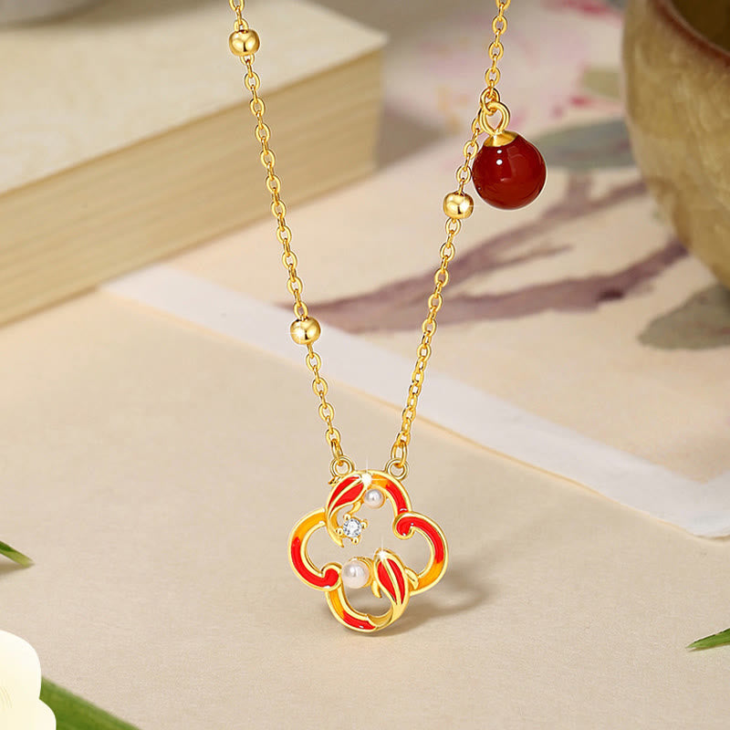 925 Sterling Silver Four Leaf Clover Koi Fish Red Agate Pearl Wealth Bracelet Necklace Pendant Earrings Set