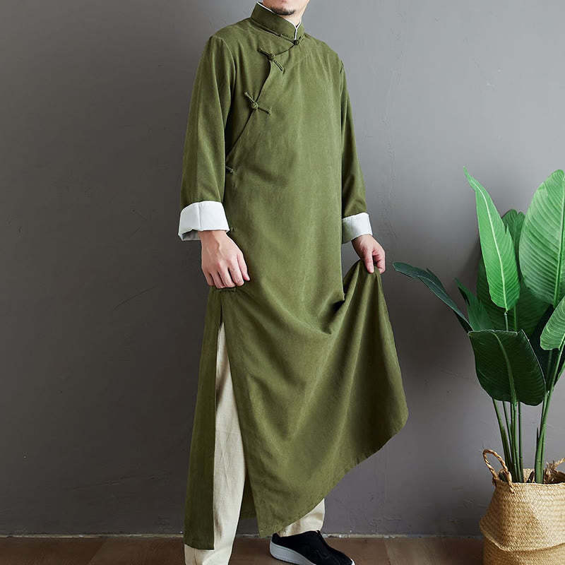 Fall Solid Color Chinese Frog-Button Cotton Men's Tang Suit Robe