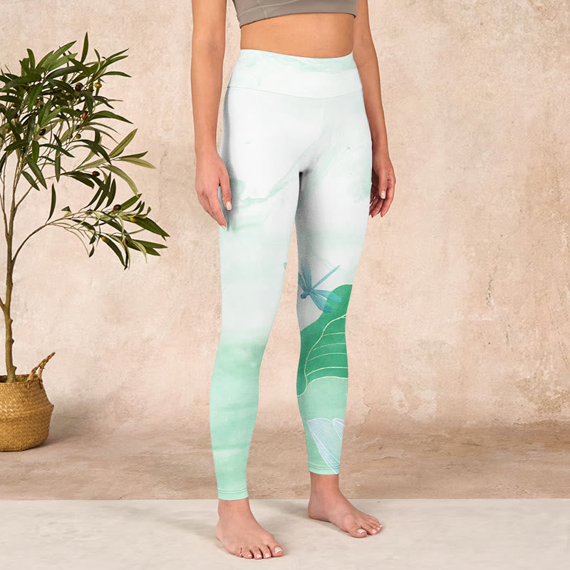 Mint Green Lotus Leaf Dragonfly Print Exercise Leggings Women's Yoga Pants