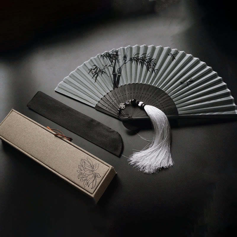 Ink Bamboo Polyester Handheld Bamboo Folding Fan