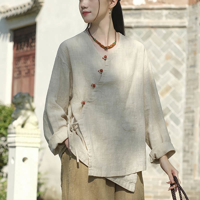 Solid Color Ramie Linen Loose Blouse Long Sleeve Shirt Chinese Hanfu Top