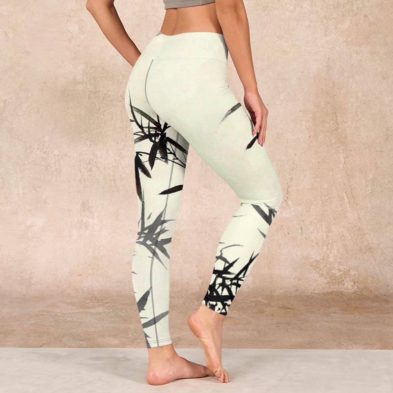 Ink Painting Bamboo Leaves Print Sports Leggings Women's Yoga Pants