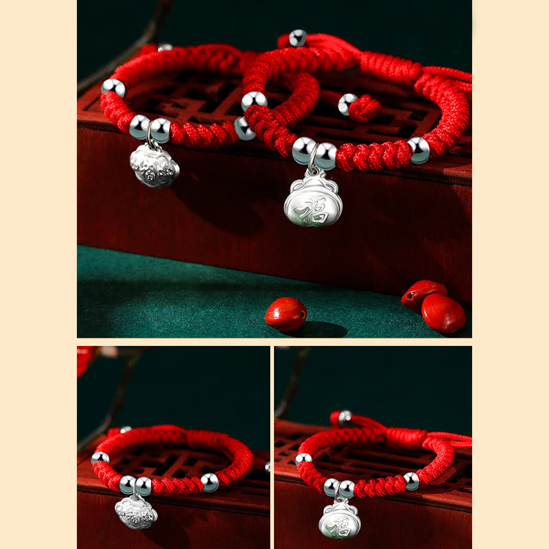 925 Sterling Silver Handmade Fu Character Lucky Money Bag Chinese Lock Charm Bell Lotus Copper Coin King Kong Knot Braided Kids Bracelet