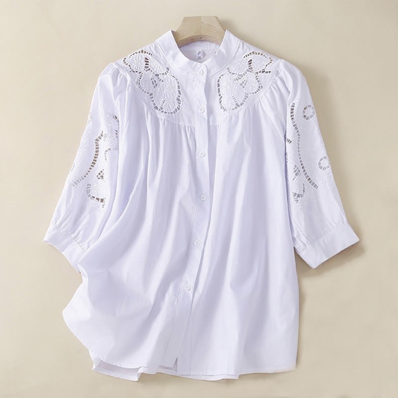 Casual Embroidery Flower Hole Design Three Quarter Sleeve Cotton Linen Women's Shirt