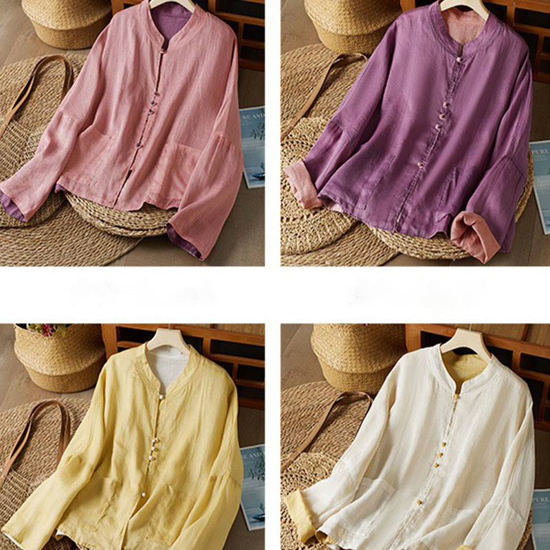 V Neck Casual Solid Color Long Sleeve Shirt Cotton Linen Women's Shirts