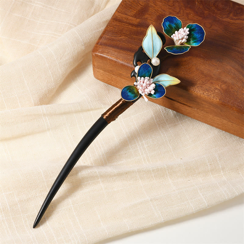 Intangible Cultural Heritage Craft Ebony Wood Silk Flower Butterfly Pearl Blessing Hairpin