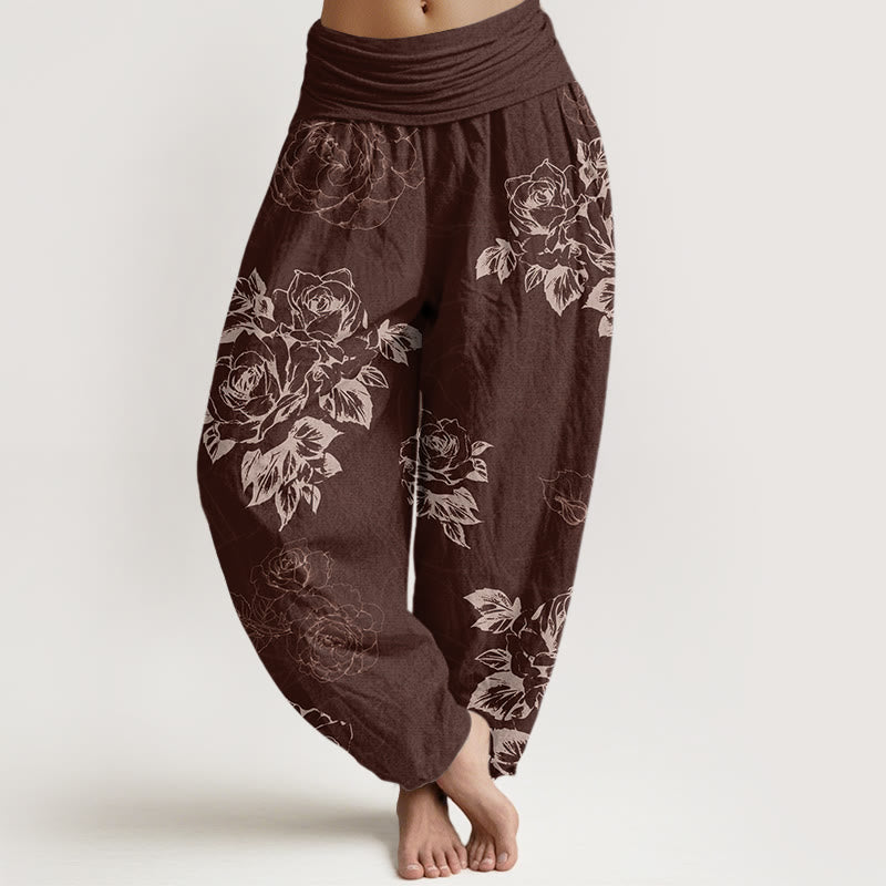 Casual Rose Peony Flowers Women's Elastic Waist Harem Pants